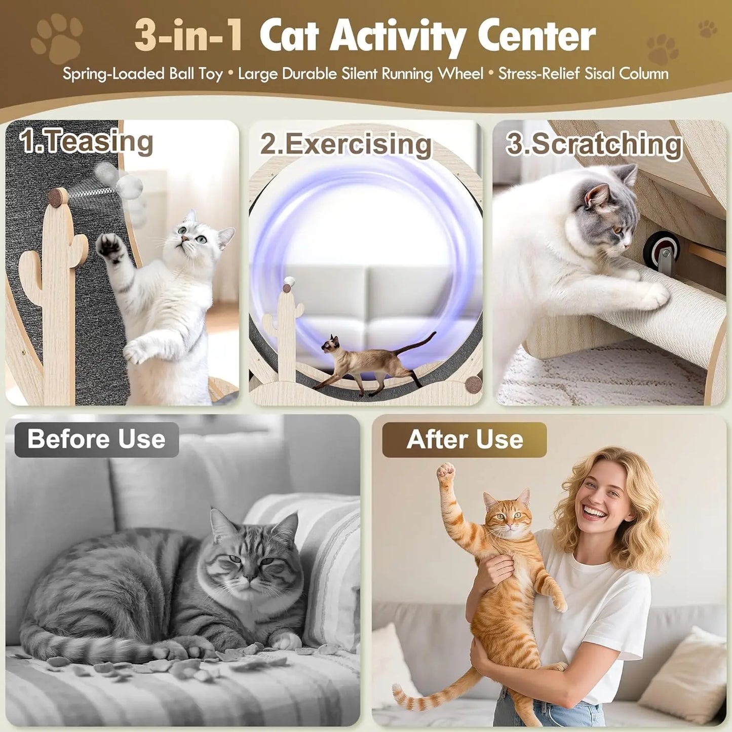 47 Inch Cat Exercise Wheel, Large Treadmill for Indoor Cats with Detachable Carpet
