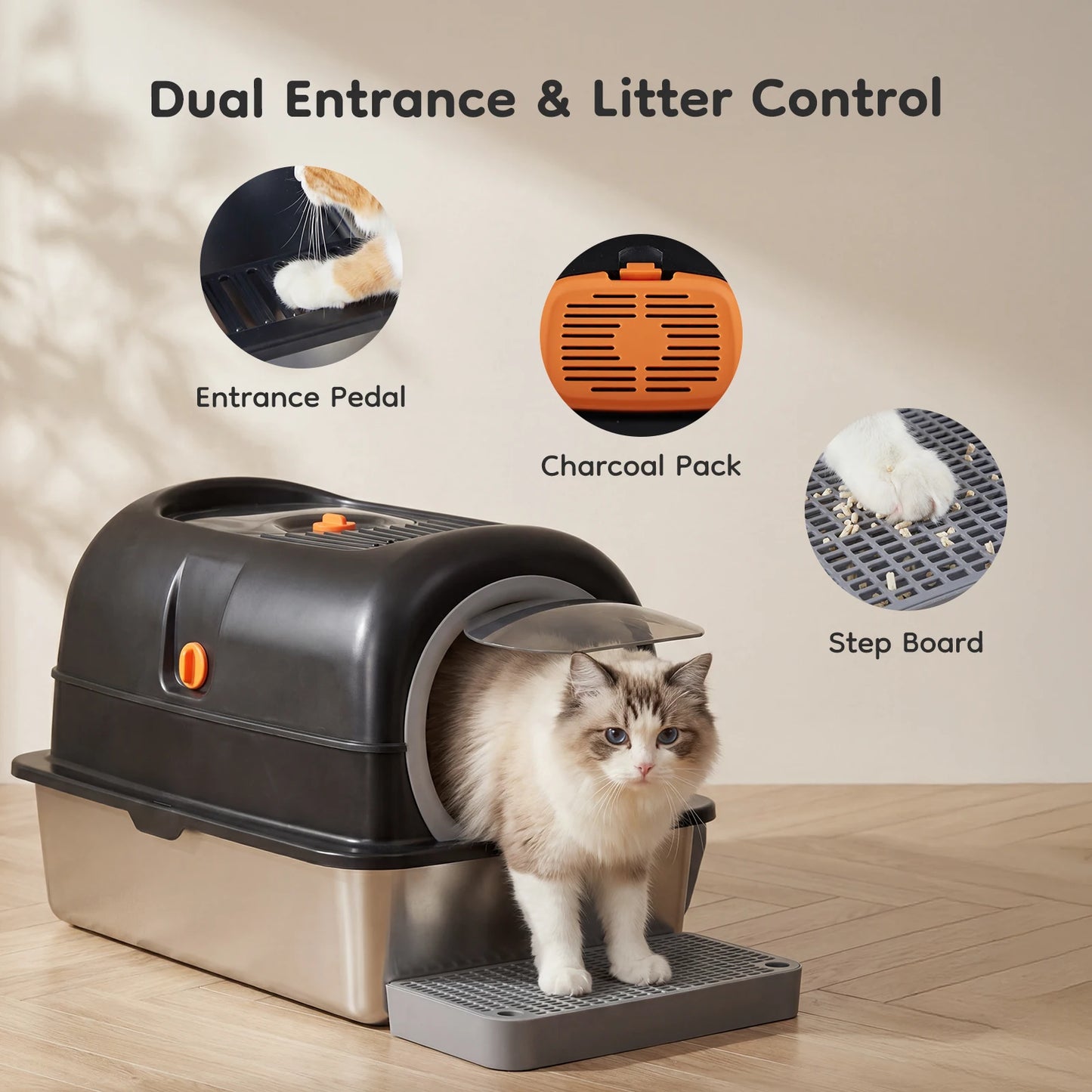 JHK 24IN Stainless Steel Cat Litter Box with Fully Enclosed 30L Large Cat Litter Box for Big Cats Cat - Box Scoop and Mat Included