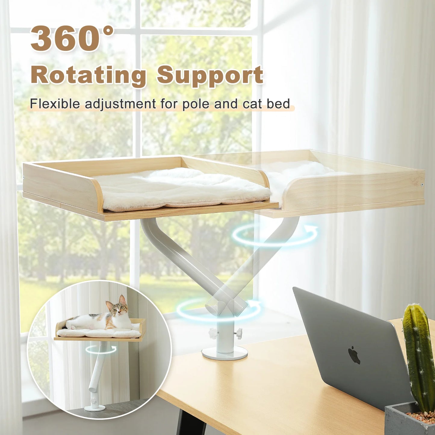 Cat Desk Bed, 360° Rotatable Cat Bed Stand for Indoor Cats, Adjustable Cat Basket