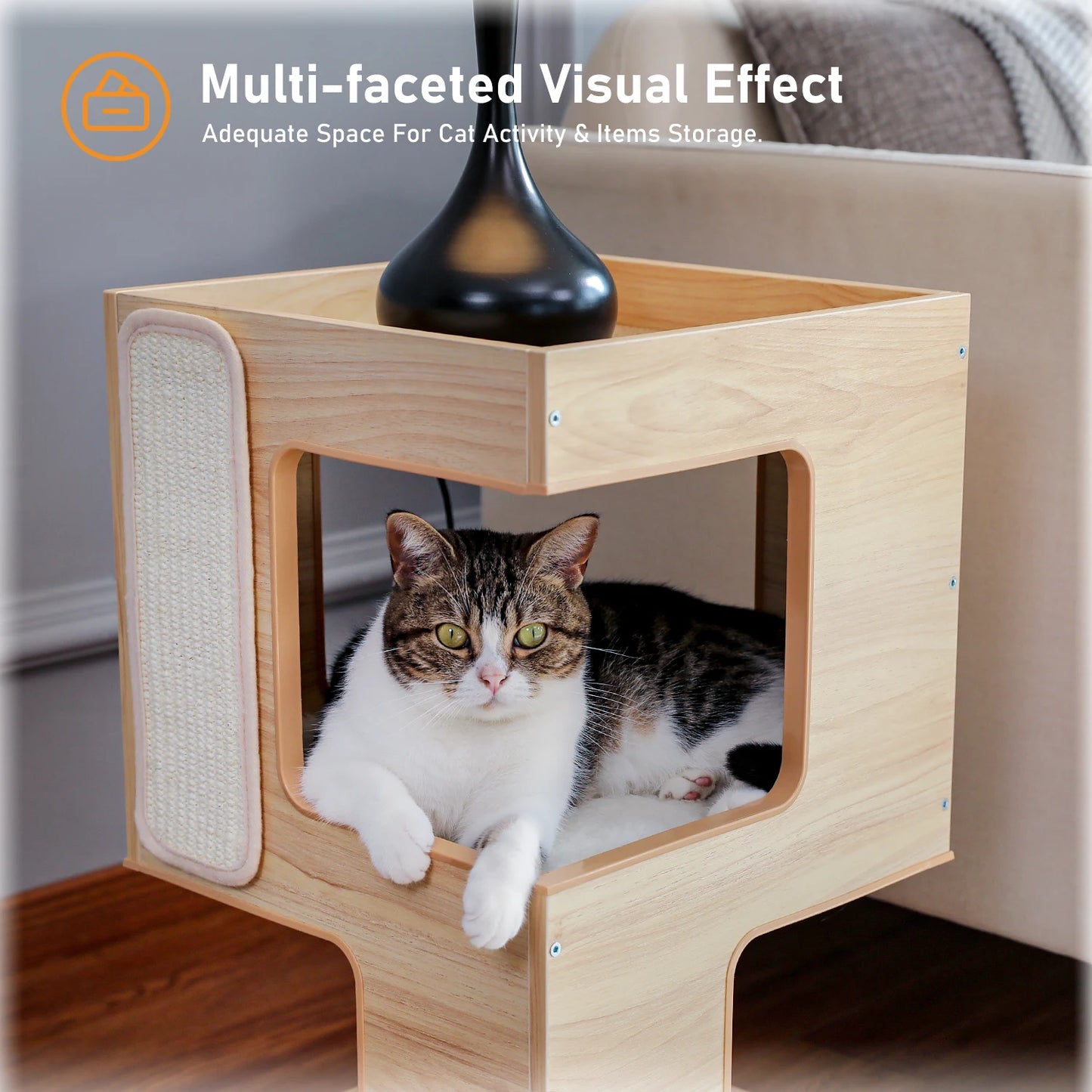 Wood Cat Condo House Bed with Removable Soft Mats & Scratching