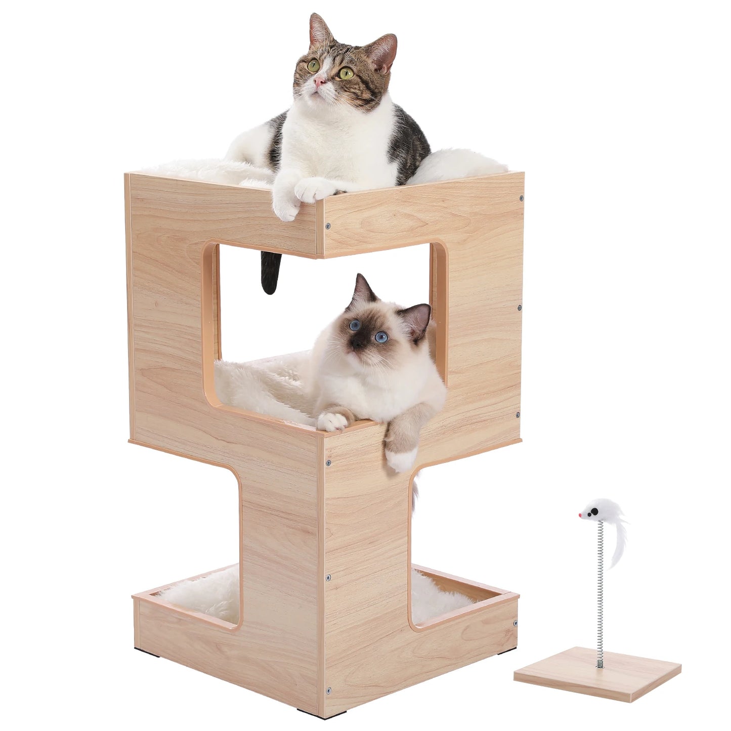 Wood Cat Condo House Bed with Removable Soft Mats & Scratching