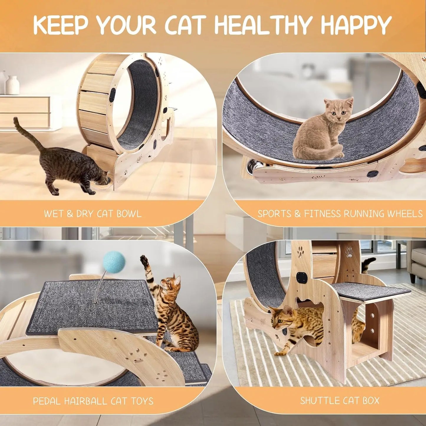 55" Cat Wheel with Cat Bed, Scratching Board, Detachable Mat, Climbing Frame, & Nest