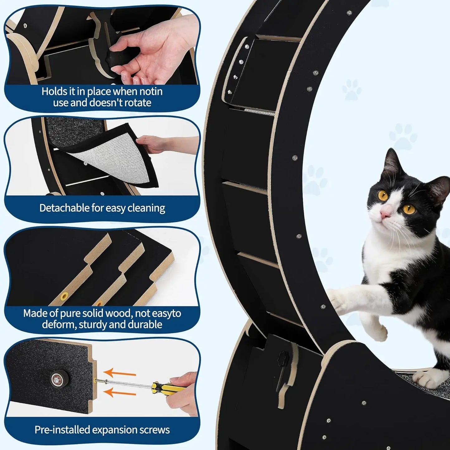 Large Wooden Cat Running Treadmill with Low Noise Carpeted Runway, Removable Carpet