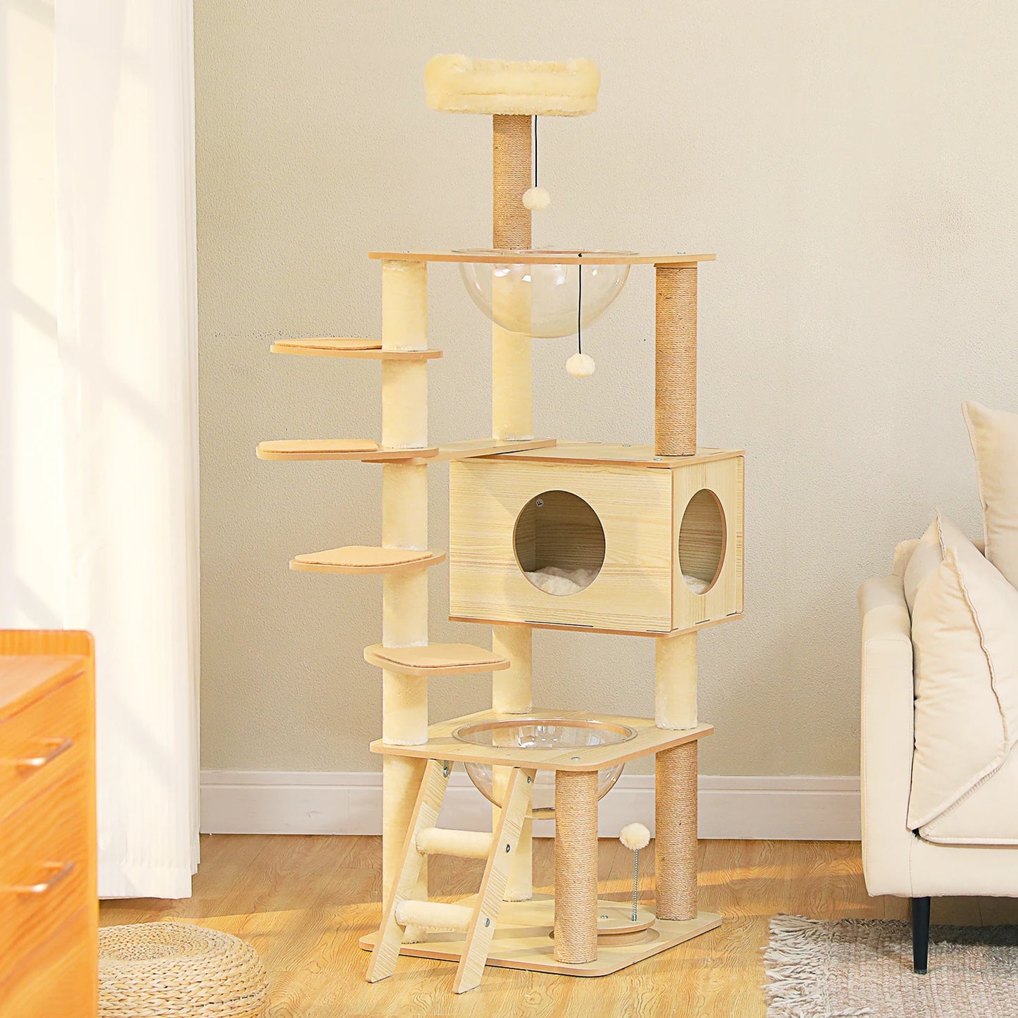 Multi-Level Wood Cat Tree with Scratching Posts, Spacious Condo, Hammock, Top Perch, Cat Scratcher
