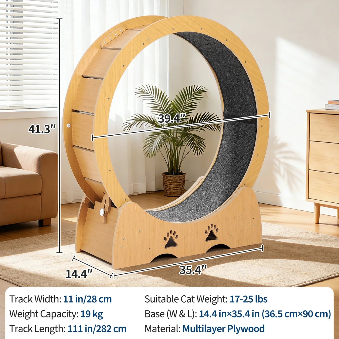 Large Wooden Cat Running Treadmill with Low Noise Carpeted Runway, Removable Carpet