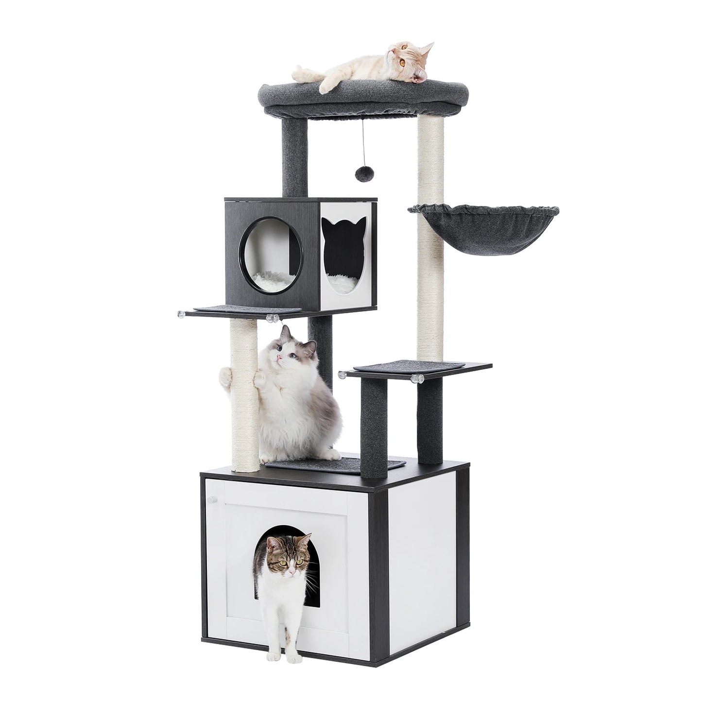 Multi-Level Wood Cat Tree with Scratching Posts, Spacious Condo, Hammock, Top Perch, Cat Scratcher