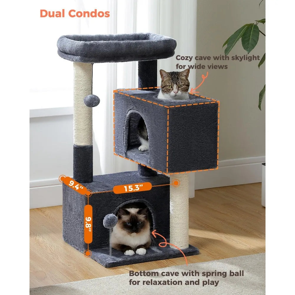 32 Inch Multi Level Cat Condo with Sisal Scratching Posts Plush Perch and Hanging Toys for Indoor Cats