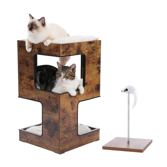 Wood Cat Condo House Bed with Removable Soft Mats & Scratching