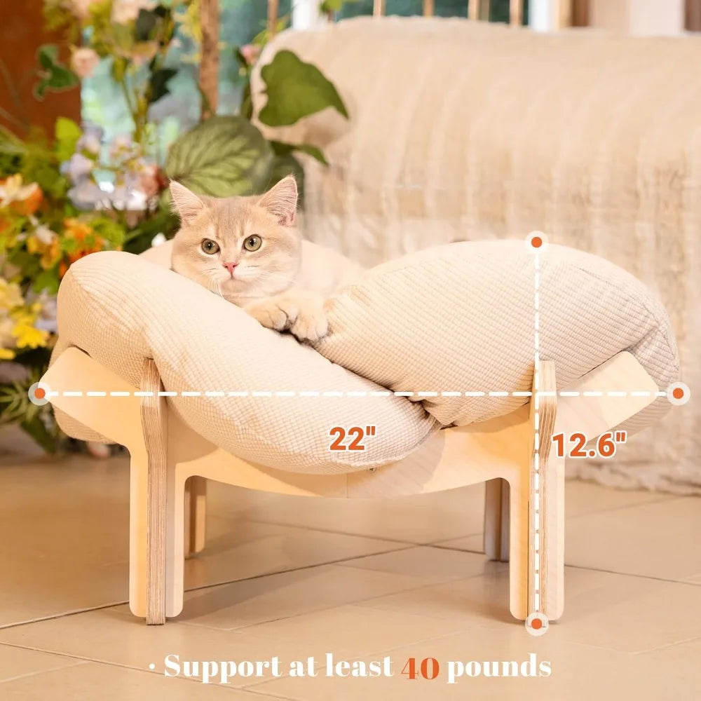 Elevated Cat Bed Wooden With Cushion Fluffy Pet Couch Sofa For Indoor Cats Raised Kitty Lounge Chair Suitable