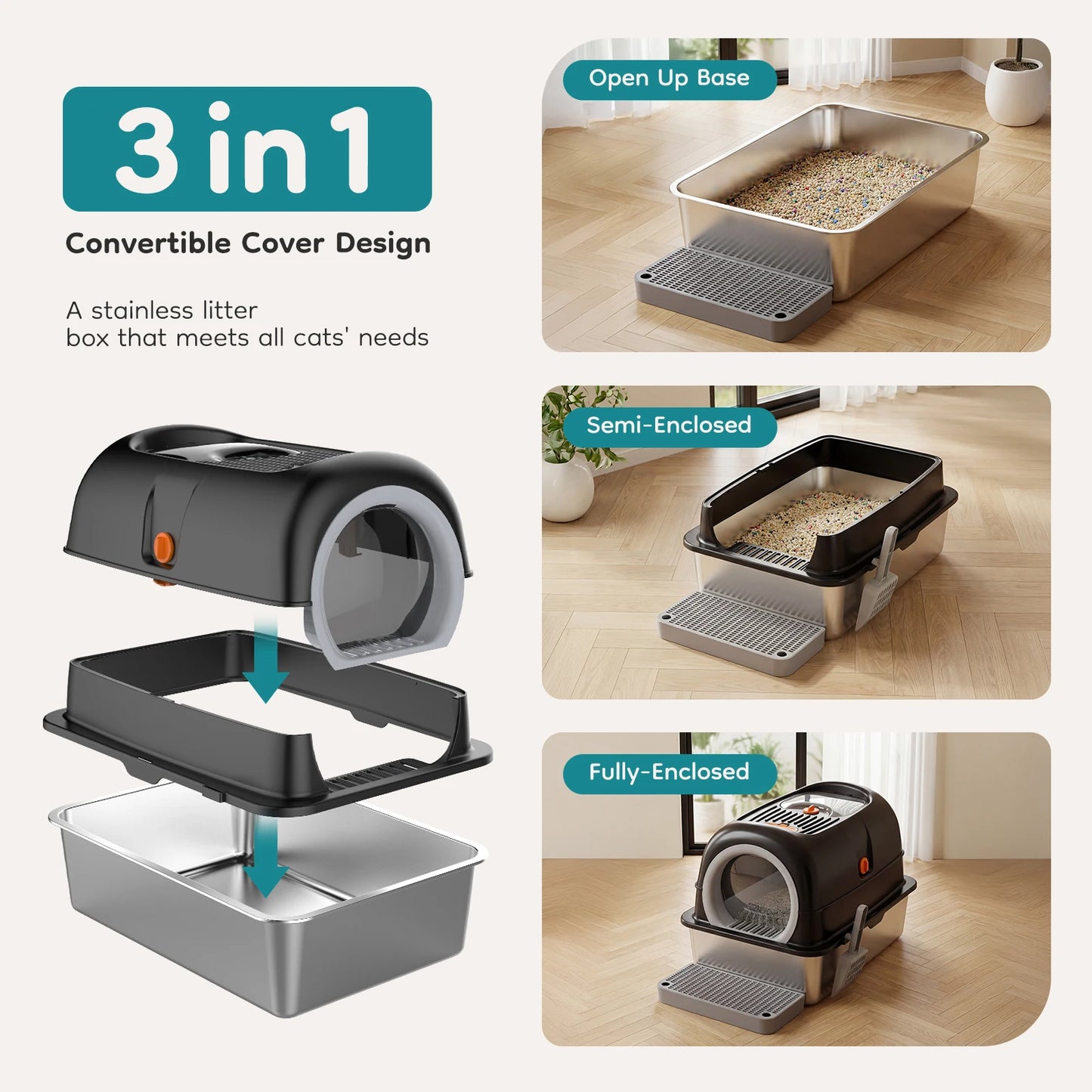 JHK 24IN Stainless Steel Cat Litter Box with Fully Enclosed 30L Large Cat Litter Box for Big Cats Cat - Box Scoop and Mat Included