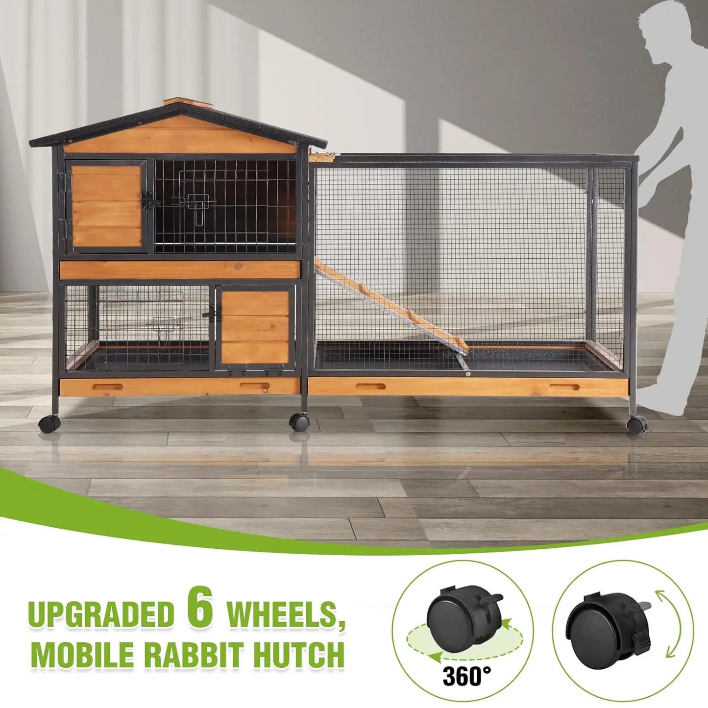 2-Story Rabbit Hutch with Chew-Proof Full Metal Frame for Indoor/Outdoor - 62" Bunny Cage with 6 Locking Casters