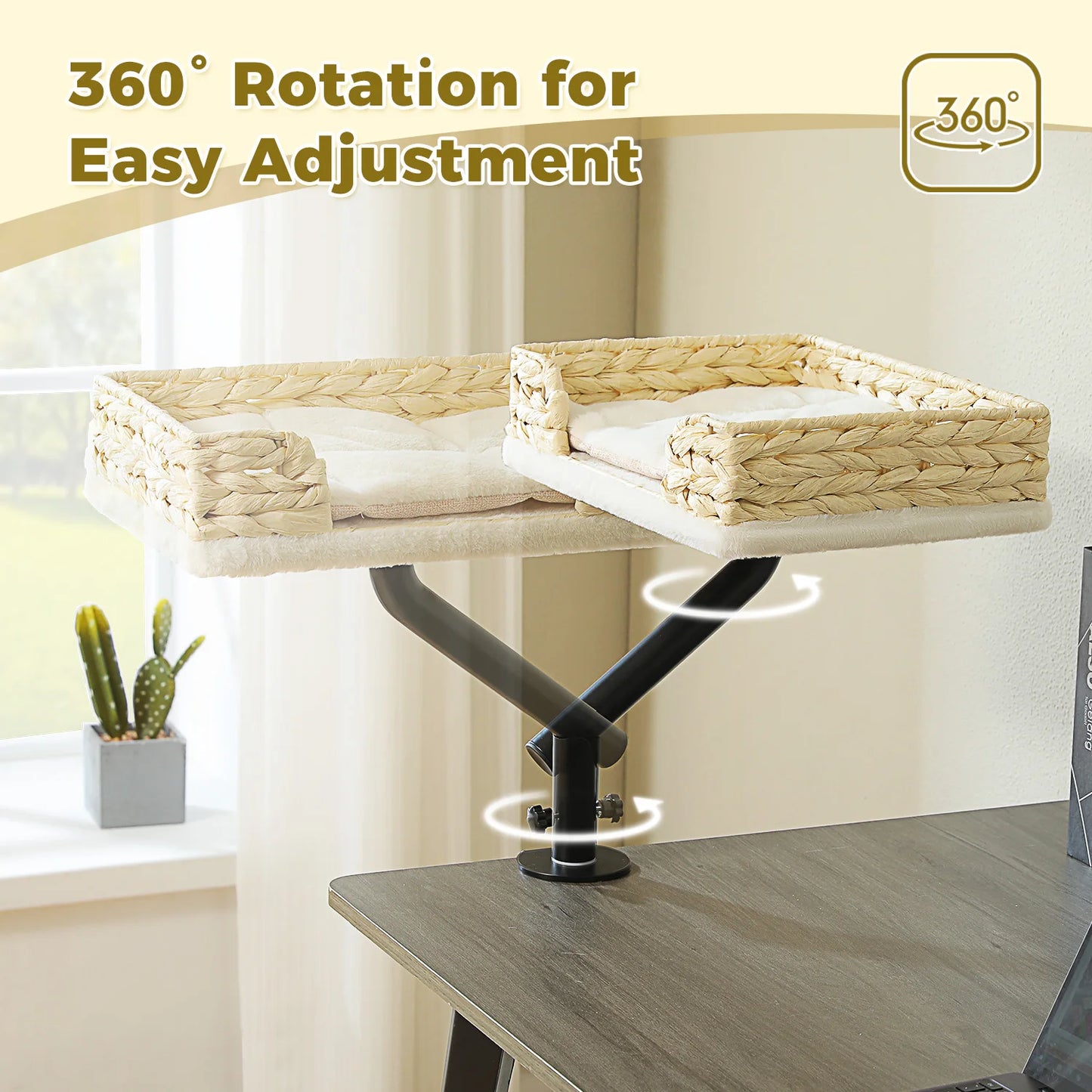 Cat Desk Bed, 360° Rotatable Cat Bed Stand for Indoor Cats, Adjustable Cat Basket
