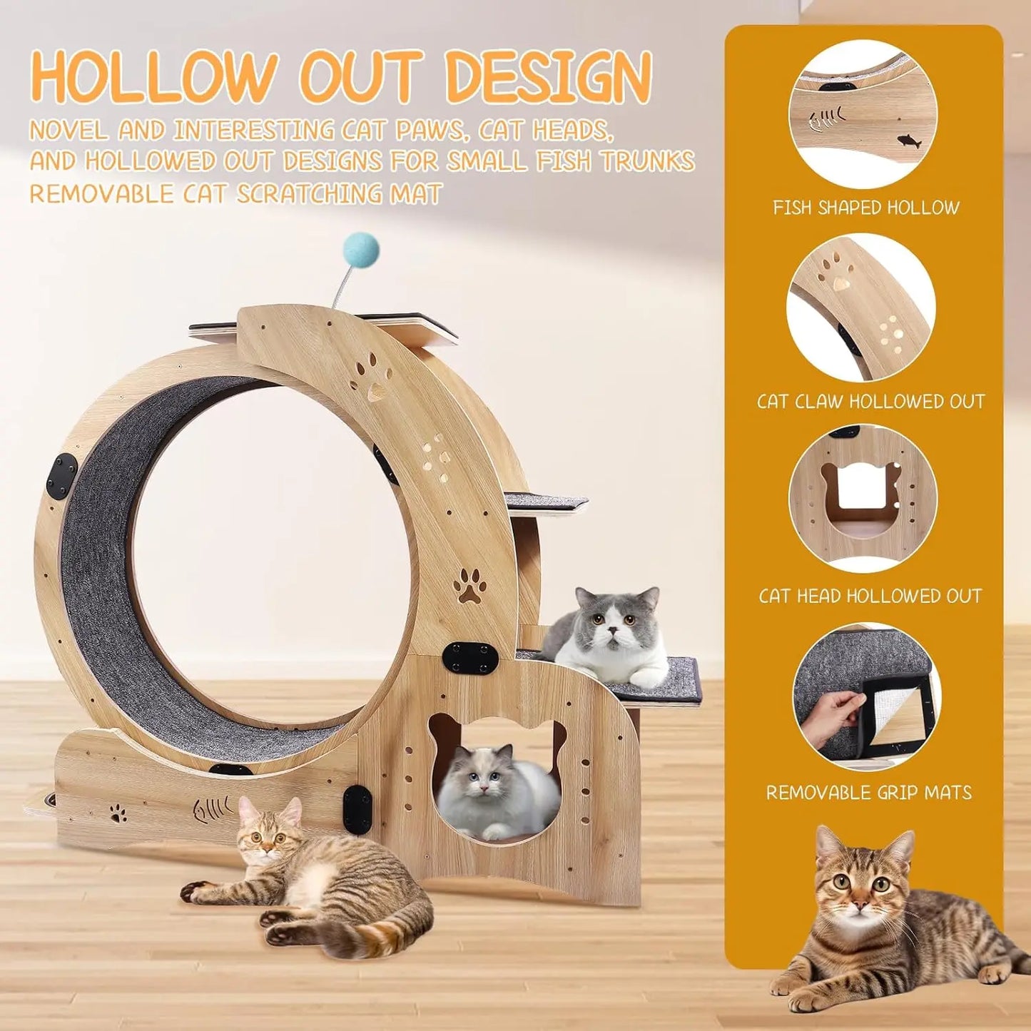 55" Cat Wheel with Cat Bed, Scratching Board, Detachable Mat, Climbing Frame, & Nest