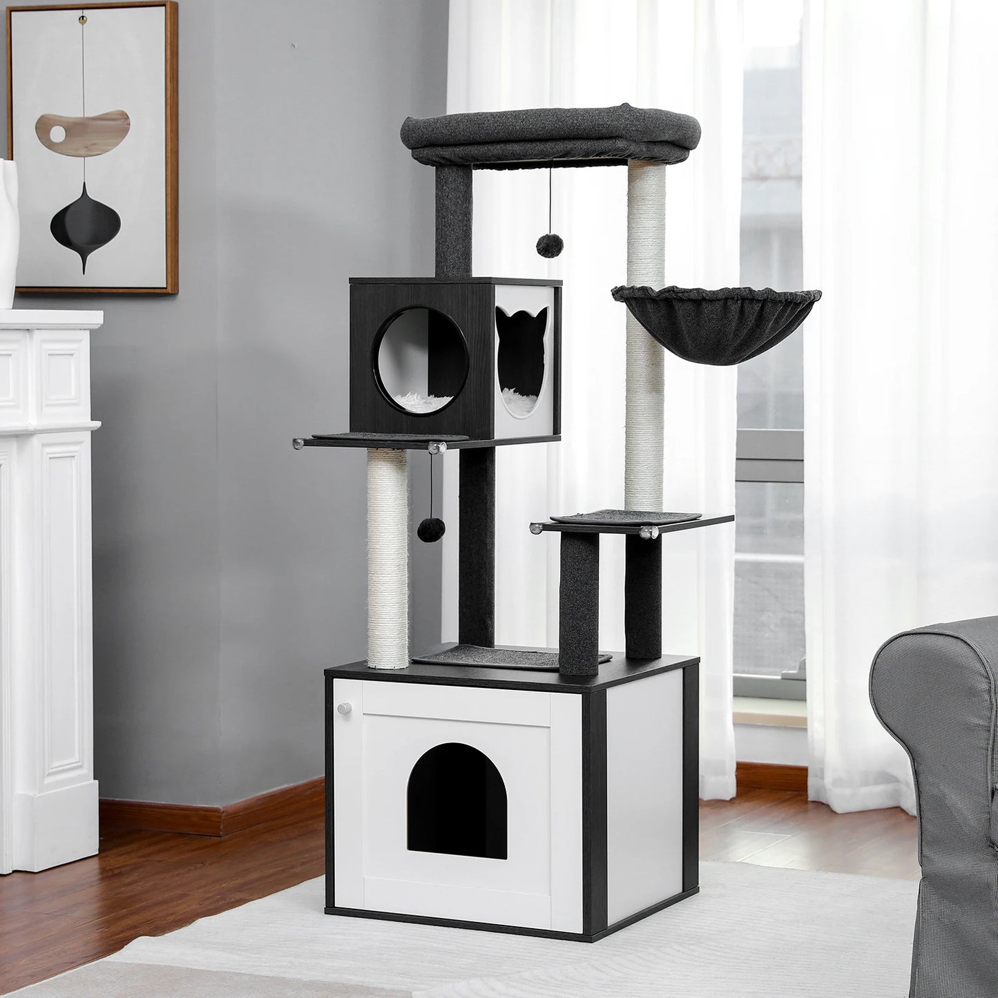 Multi-Level Wood Cat Tree with Scratching Posts, Spacious Condo, Hammock, Top Perch, Cat Scratcher