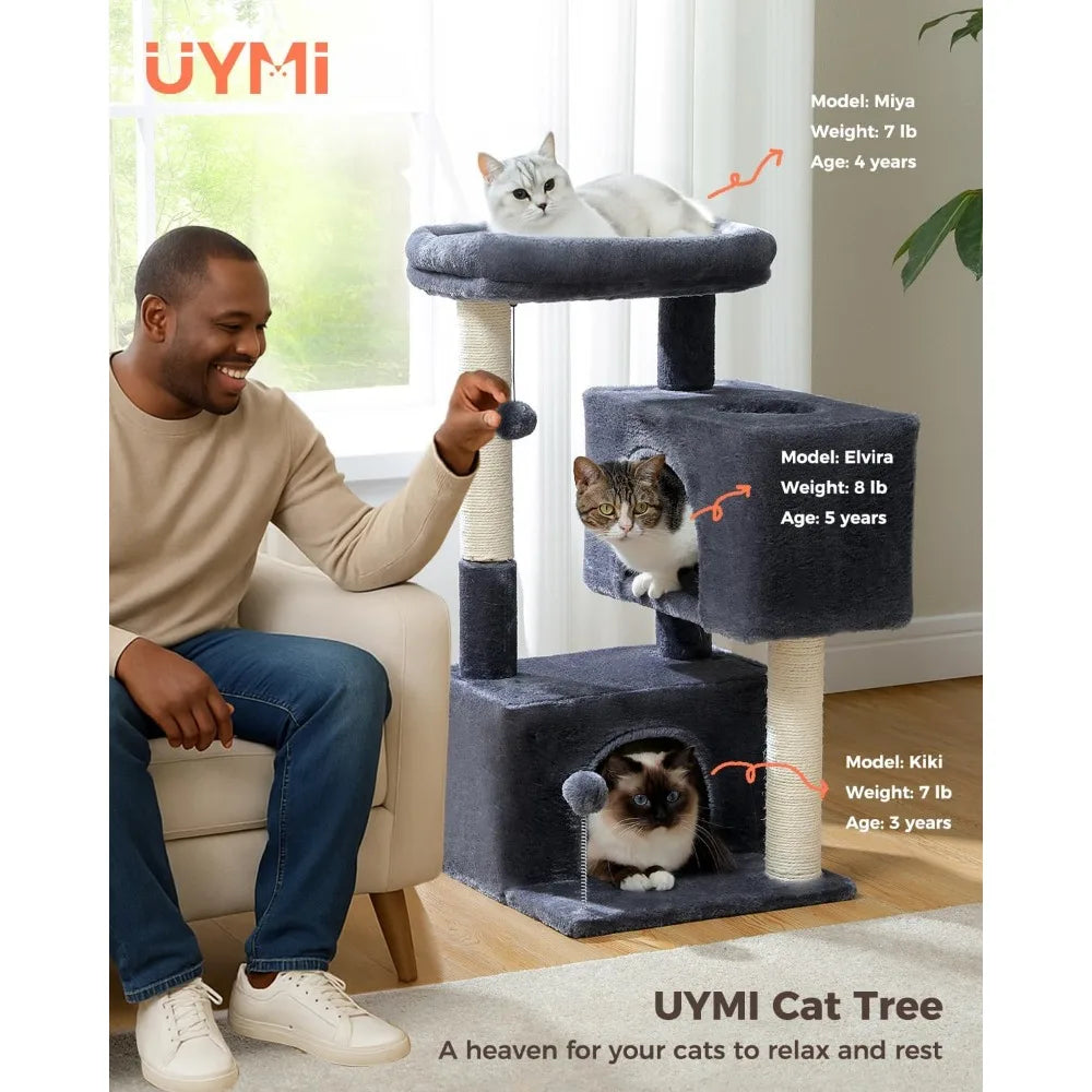 32 Inch Multi Level Cat Condo with Sisal Scratching Posts Plush Perch and Hanging Toys for Indoor Cats
