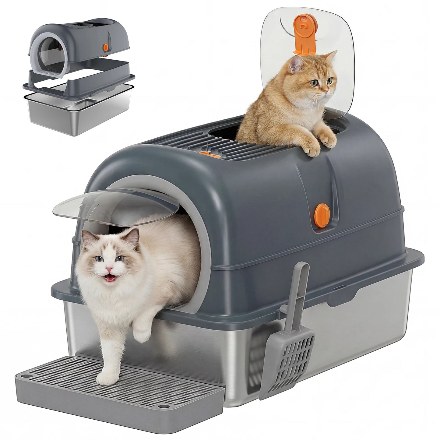 JHK 24IN Stainless Steel Cat Litter Box with Fully Enclosed 30L Large Cat Litter Box for Big Cats Cat - Box Scoop and Mat Included