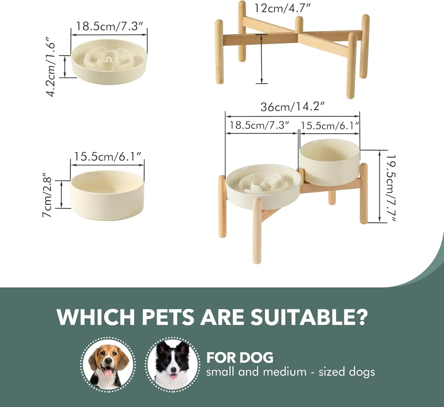 Ceramic Raised Slow Feeder Dog Bowl Set with Wooden Stand for Medium and Small Dogs, Anti-Gulping Design in Beige