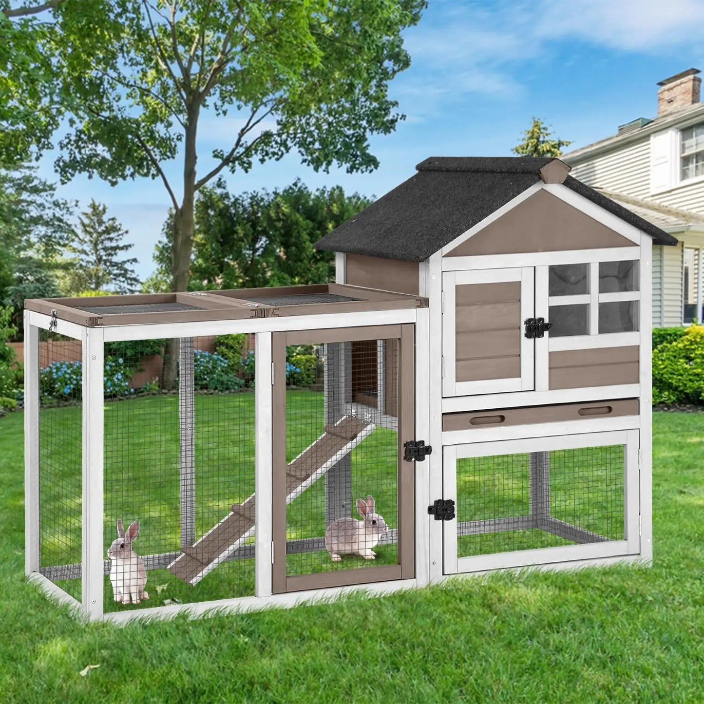 2-Story Rabbit Hutch with Chew-Proof Full Metal Frame for Indoor/Outdoor - 62" Bunny Cage with 6 Locking Casters