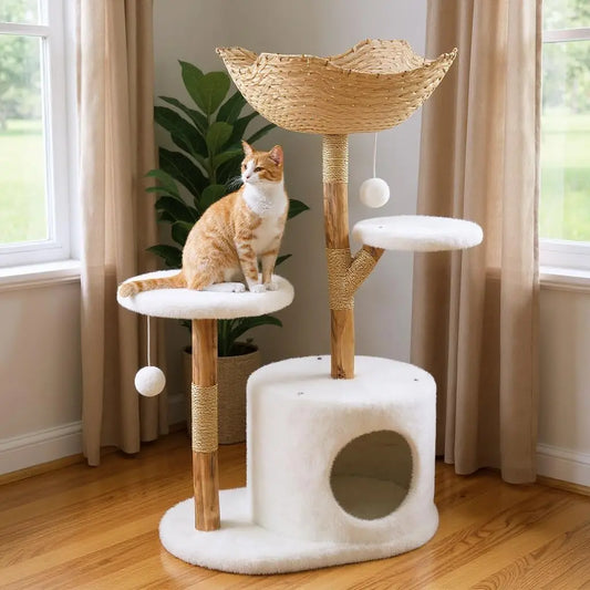 Multi-Level Cat Tree Tower with Bed, Wicker Basket & Condo, Wood Cat Scratching Post Furniture, Natural Pet Climbing Tree Stand
