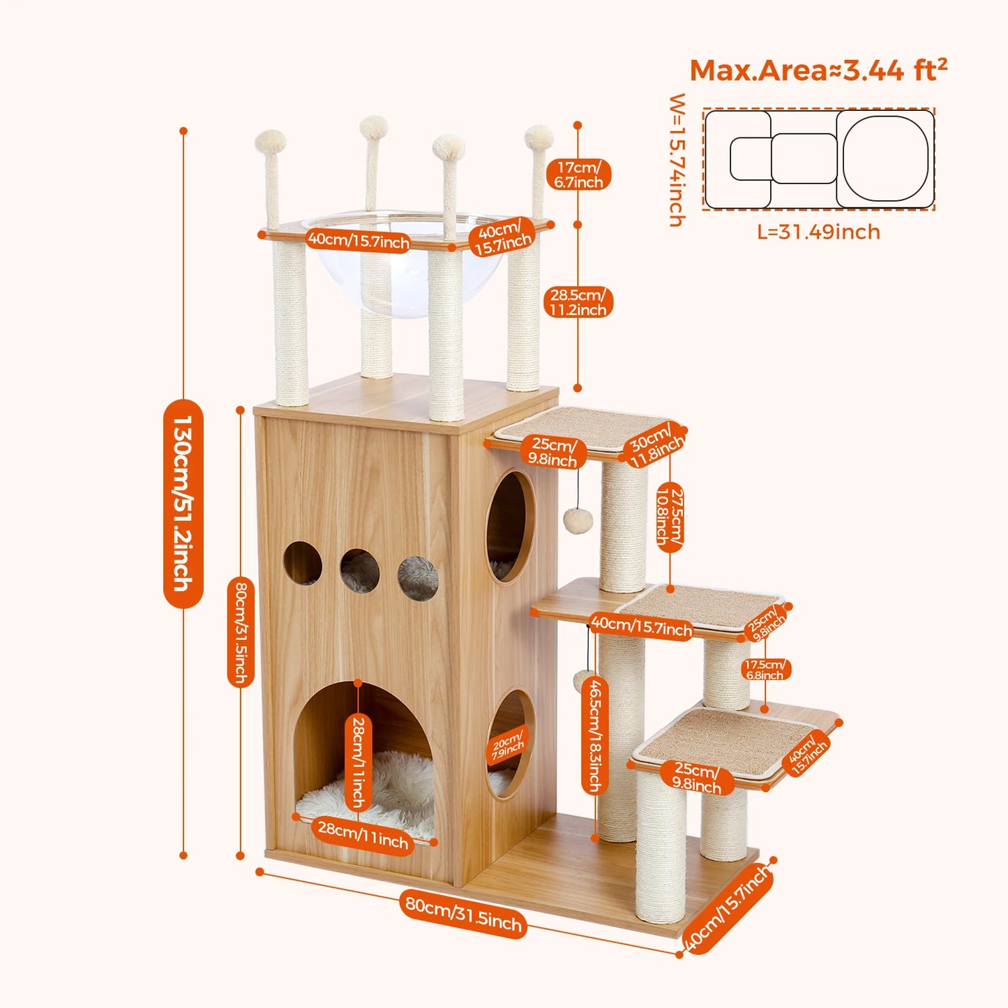 Multi-Level Wood Cat Tree with Scratching Posts, Spacious Condo, Hammock, Top Perch, Cat Scratcher