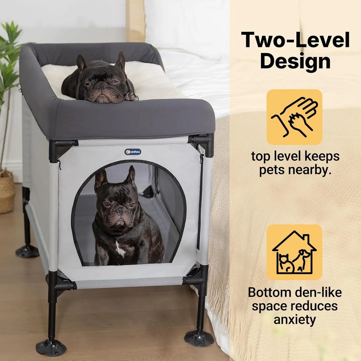 Elevated Pet Bunk Bed for Small to Medium Dogs and Cats, Grey - Attaches to Human Bed, Window Perch