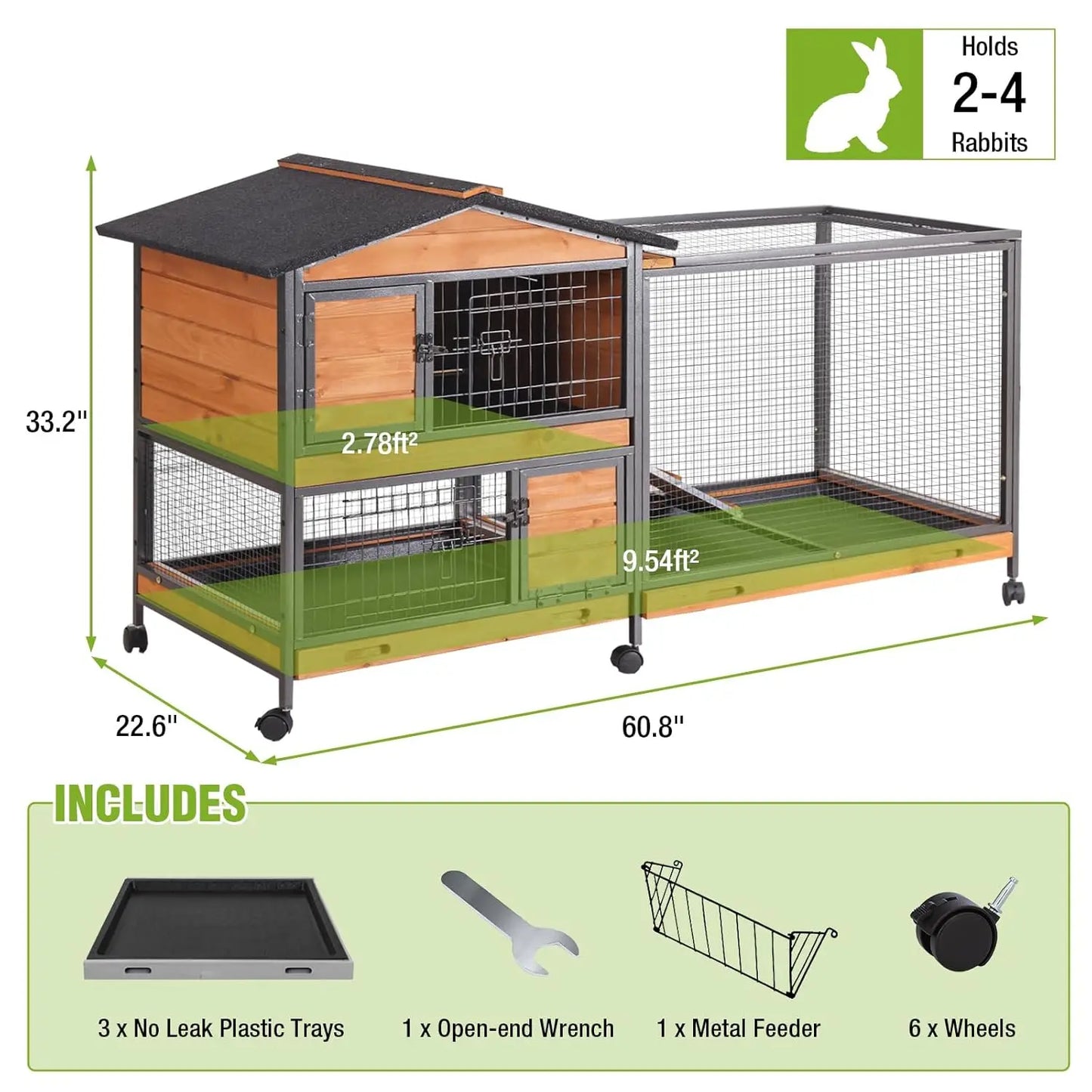 2-Story Rabbit Hutch with Chew-Proof Full Metal Frame for Indoor/Outdoor - 62" Bunny Cage with 6 Locking Casters