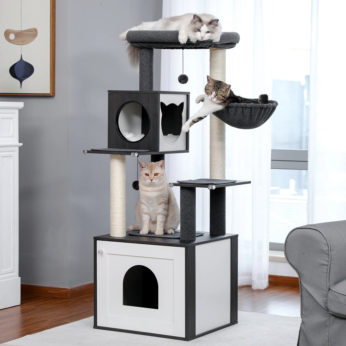 Multi-Level Wood Cat Tree with Scratching Posts, Spacious Condo, Hammock, Top Perch, Cat Scratcher