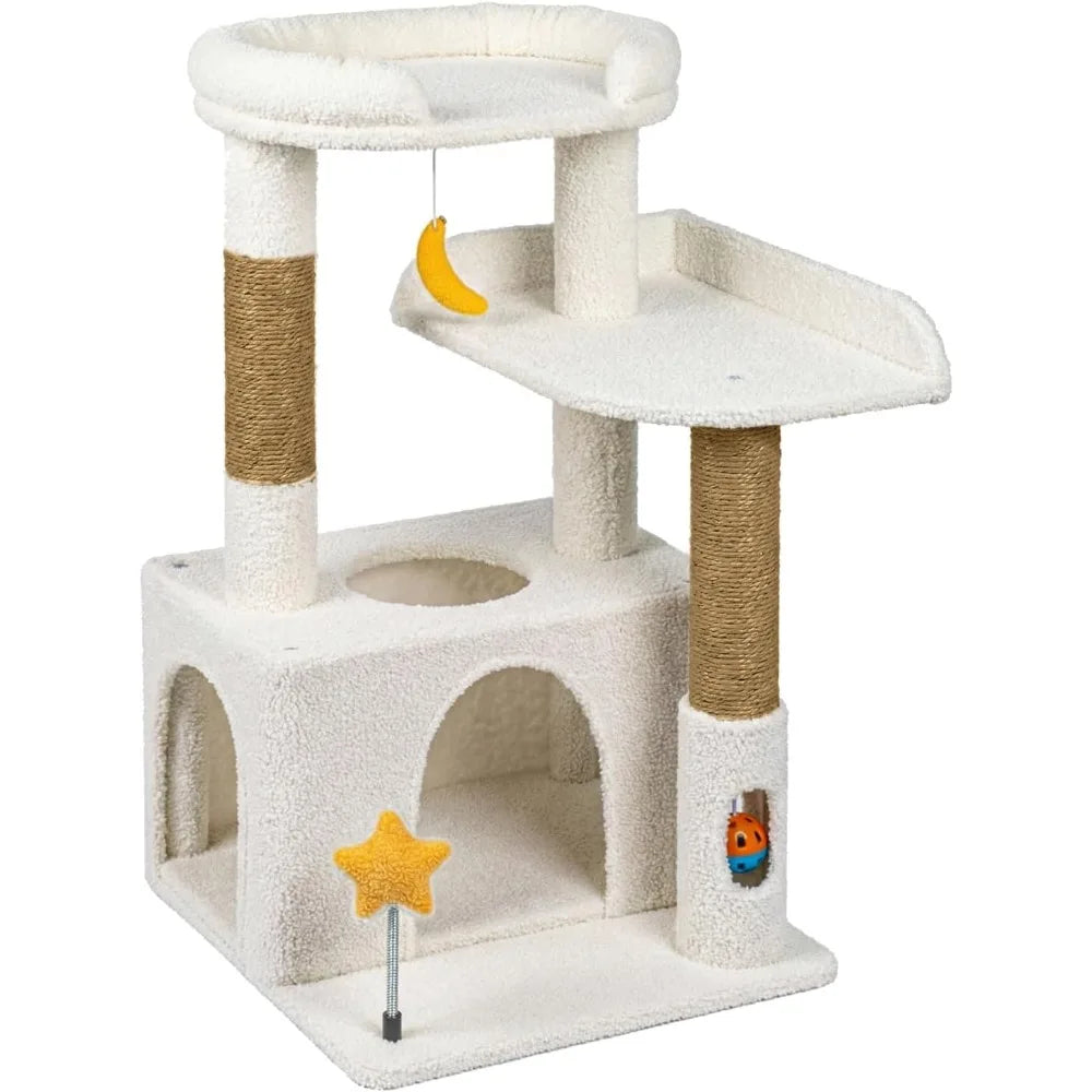 Compact Beige Cat Tree with Condo Plush Hammock Sisal Posts Dangling Toy and Self Grooming Brush