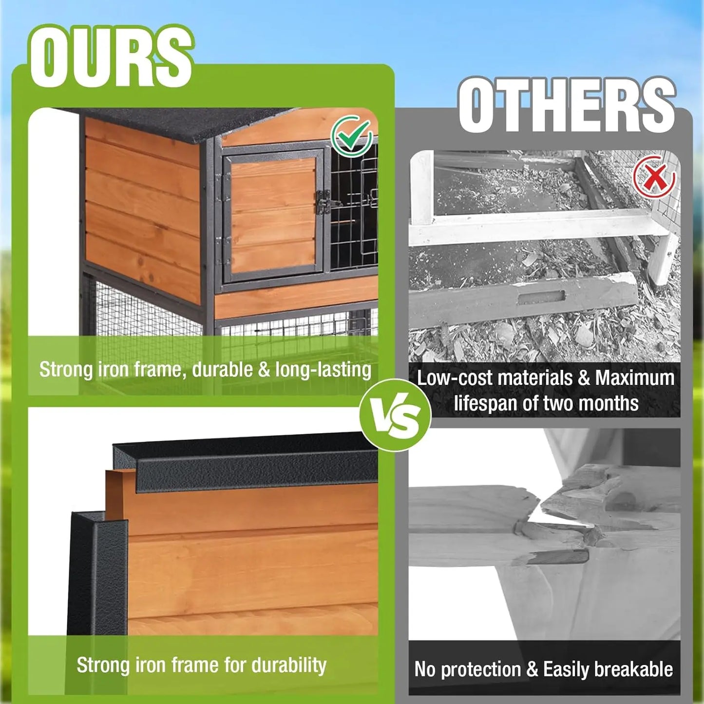 2-Story Rabbit Hutch with Chew-Proof Full Metal Frame for Indoor/Outdoor - 62" Bunny Cage with 6 Locking Casters
