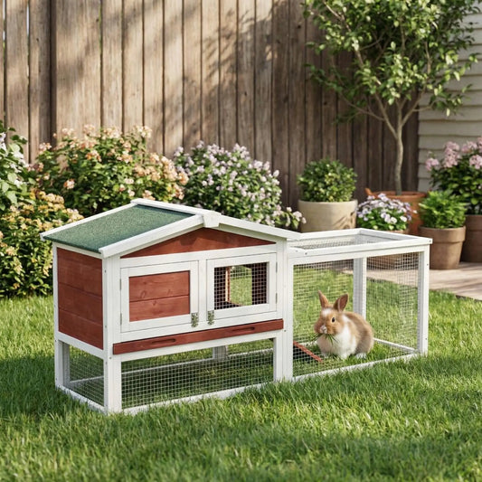 60" L Large Rabbit Hutch Outdoor 2-Tier Wooden Playpen with Non-Slip Ramp, Pull-Out Tray