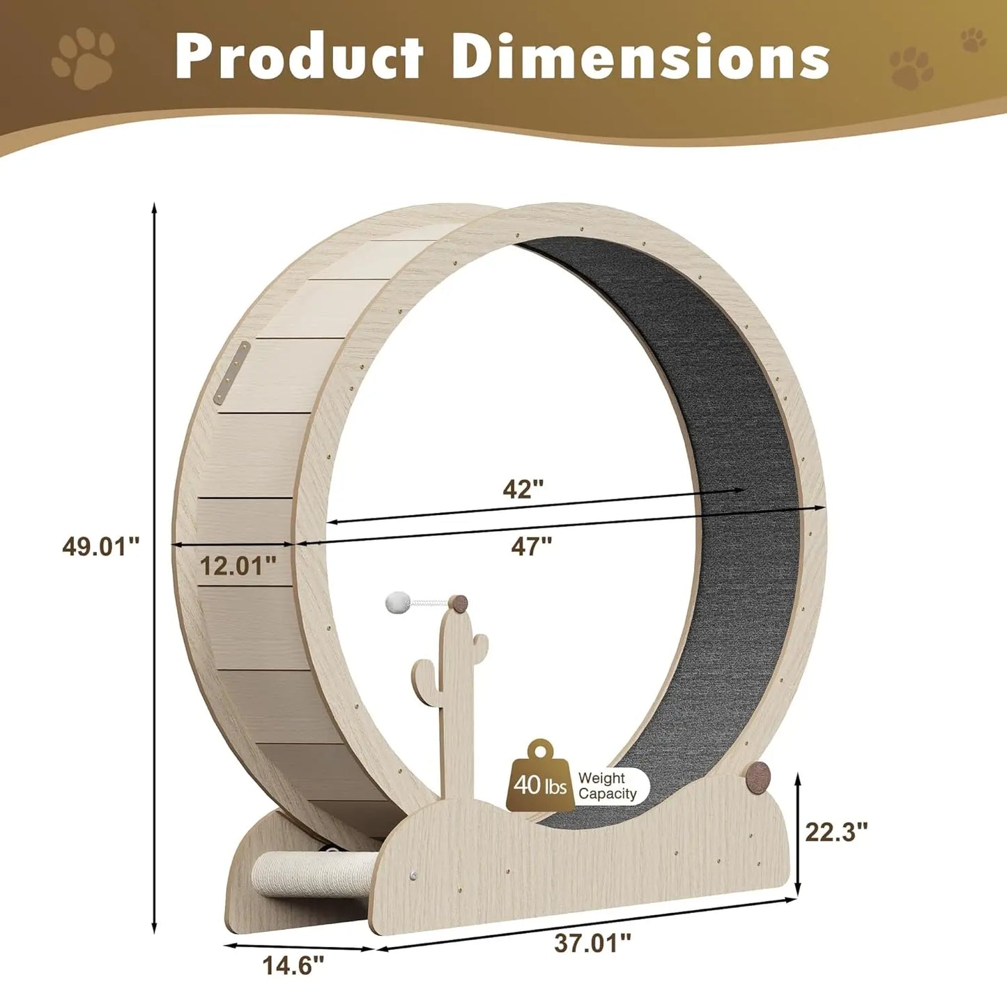 47 Inch Cat Exercise Wheel, Large Treadmill for Indoor Cats with Detachable Carpet