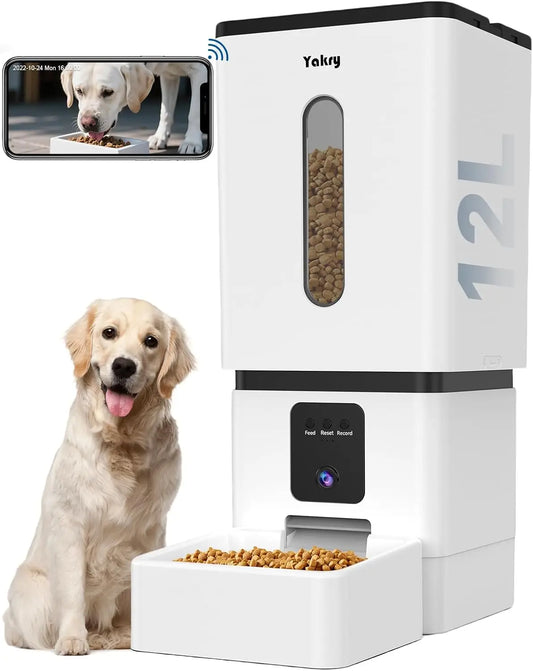 Smart Automatic Dog Feeder with Camera, 12L Capacity, WiFi App Control, HD Night Vision for Large Breeds