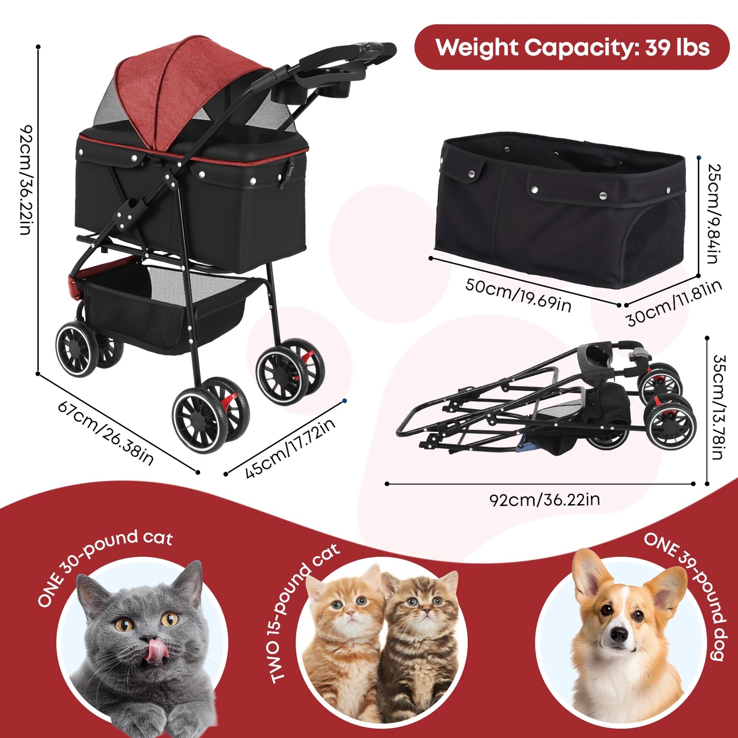Portable Foldable Pet Stroller for Small Dogs & Cats, Travel Carrier with Canopy, Storage Basket