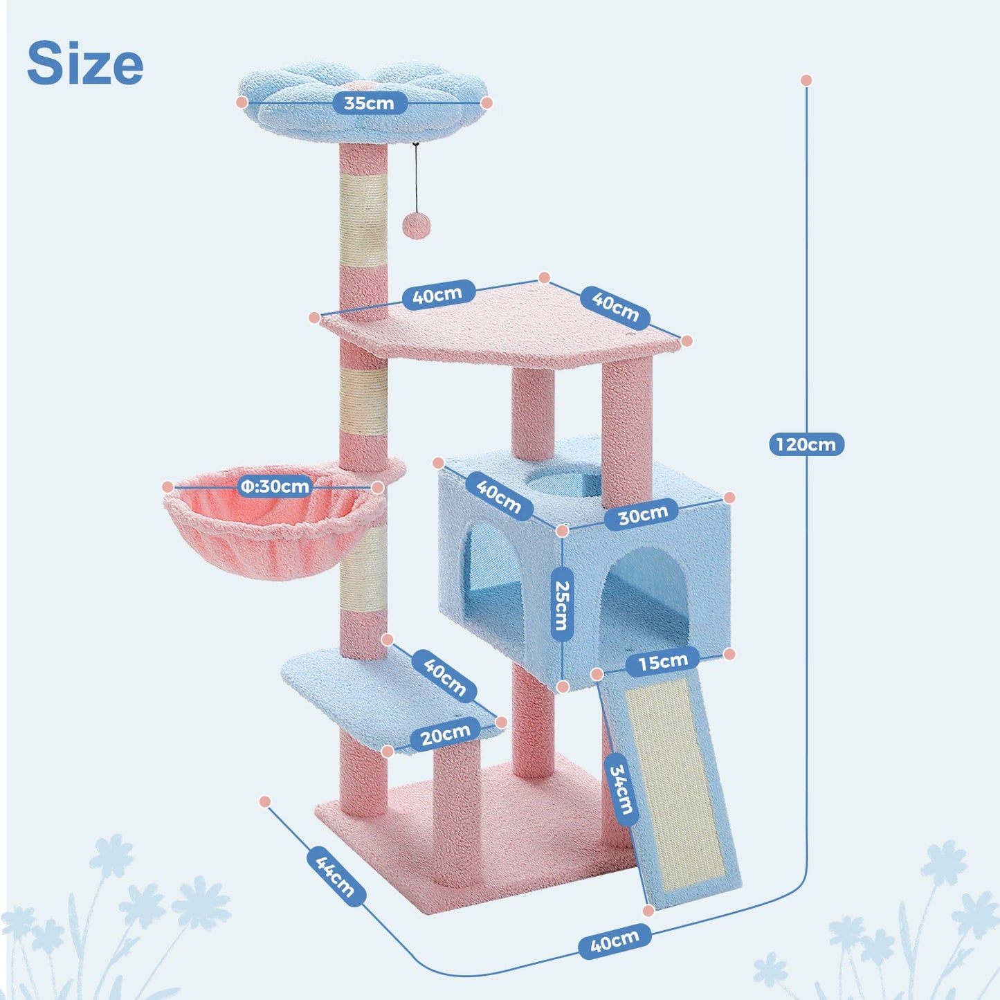 Flower Cat Tree, Multi-Level Cat Tower with Sisal Scratching Posts, Hammock, Ramp, Top Perch, Cat Condo for Indoor, Kitten Toys