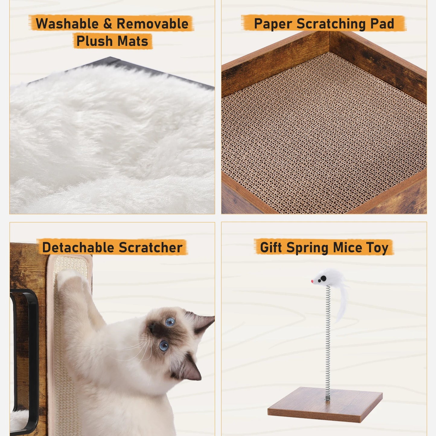 Wood Cat Condo House Bed with Removable Soft Mats & Scratching