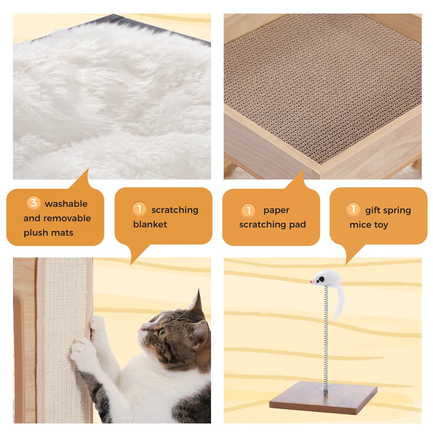 Wood Cat Condo House Bed with Removable Soft Mats & Scratching