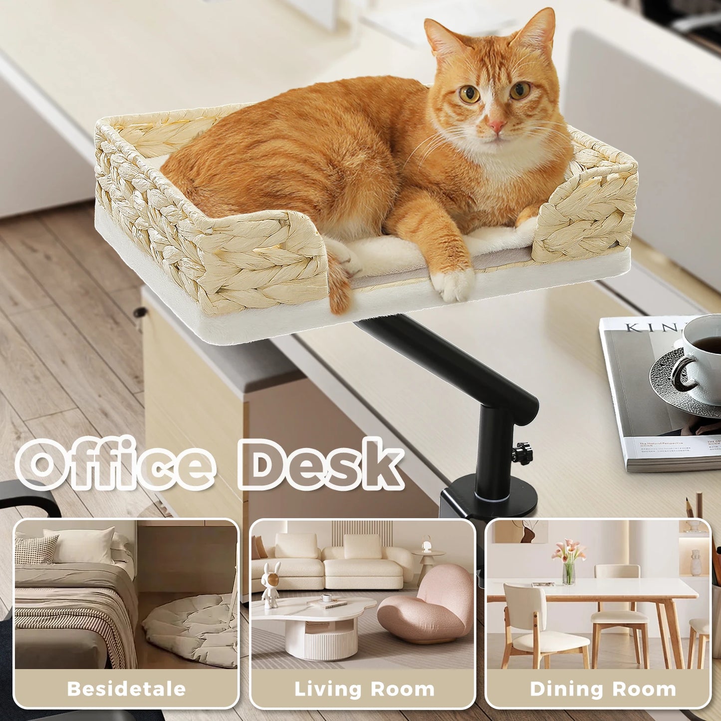 Cat Desk Bed, 360° Rotatable Cat Bed Stand for Indoor Cats, Adjustable Cat Basket