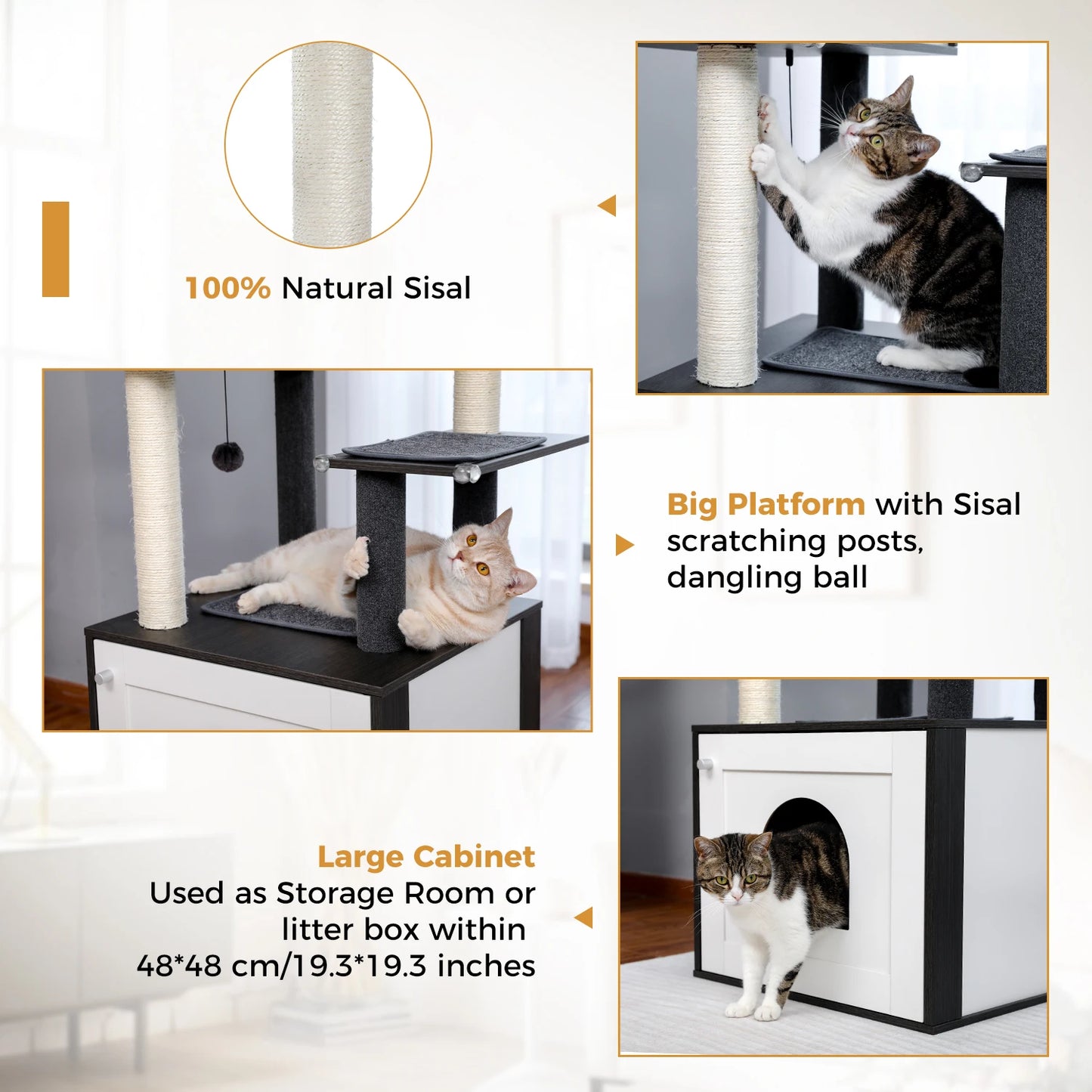 Multi-Level Wood Cat Tree with Scratching Posts, Spacious Condo, Hammock, Top Perch, Cat Scratcher