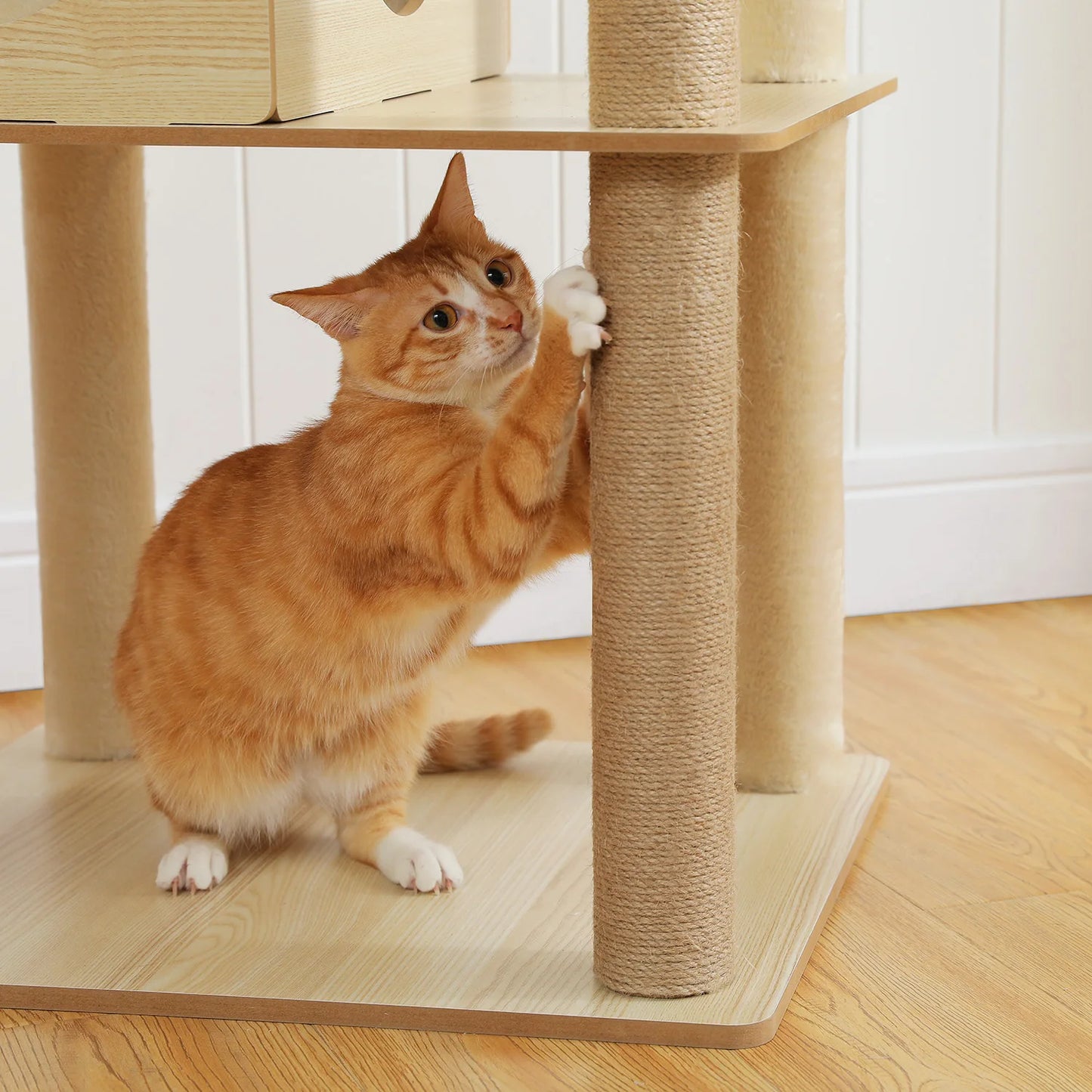 Multi-Level Wood Cat Tree with Scratching Posts, Spacious Condo, Hammock, Top Perch, Cat Scratcher