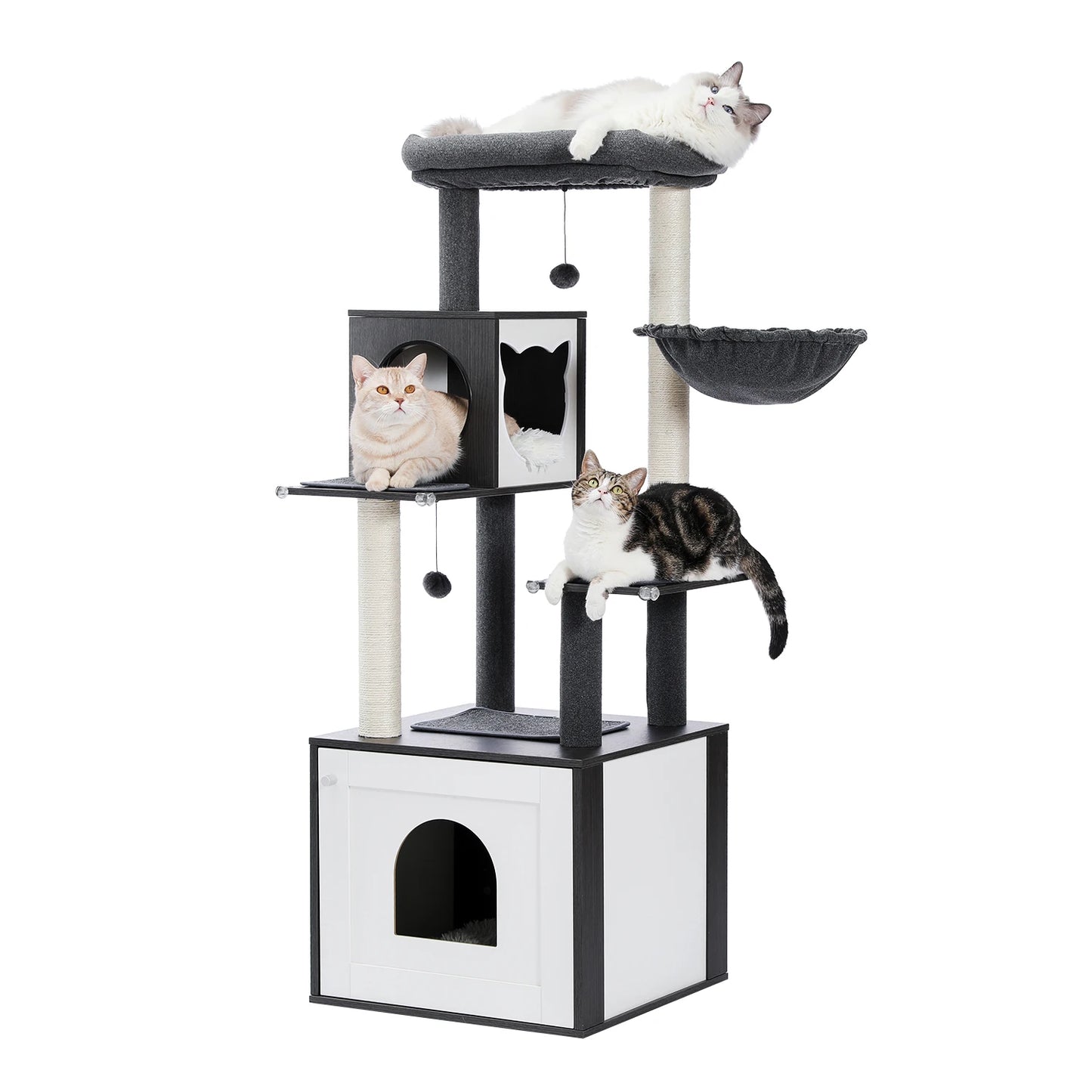 Multi-Level Wood Cat Tree with Scratching Posts, Spacious Condo, Hammock, Top Perch, Cat Scratcher