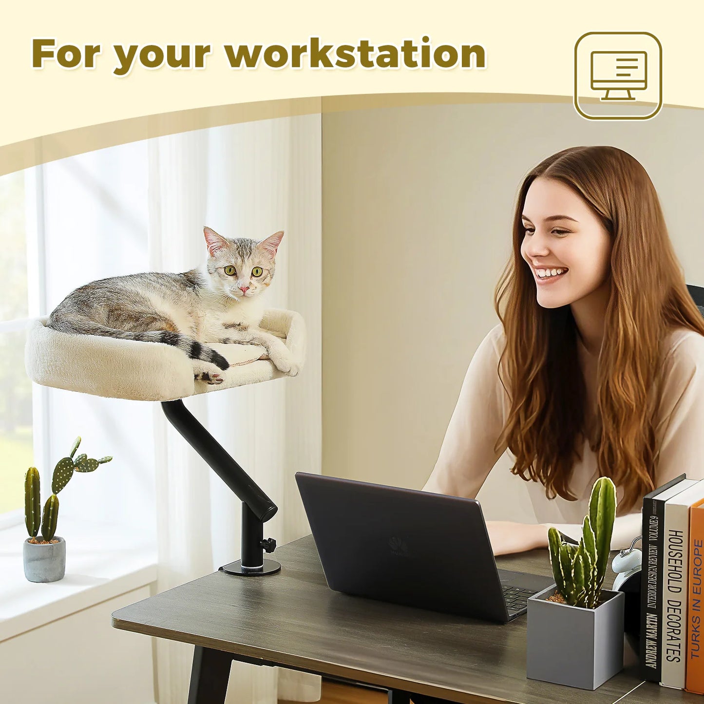 Cat Desk Bed, 360° Rotatable Cat Bed Stand for Indoor Cats, Adjustable Cat Basket
