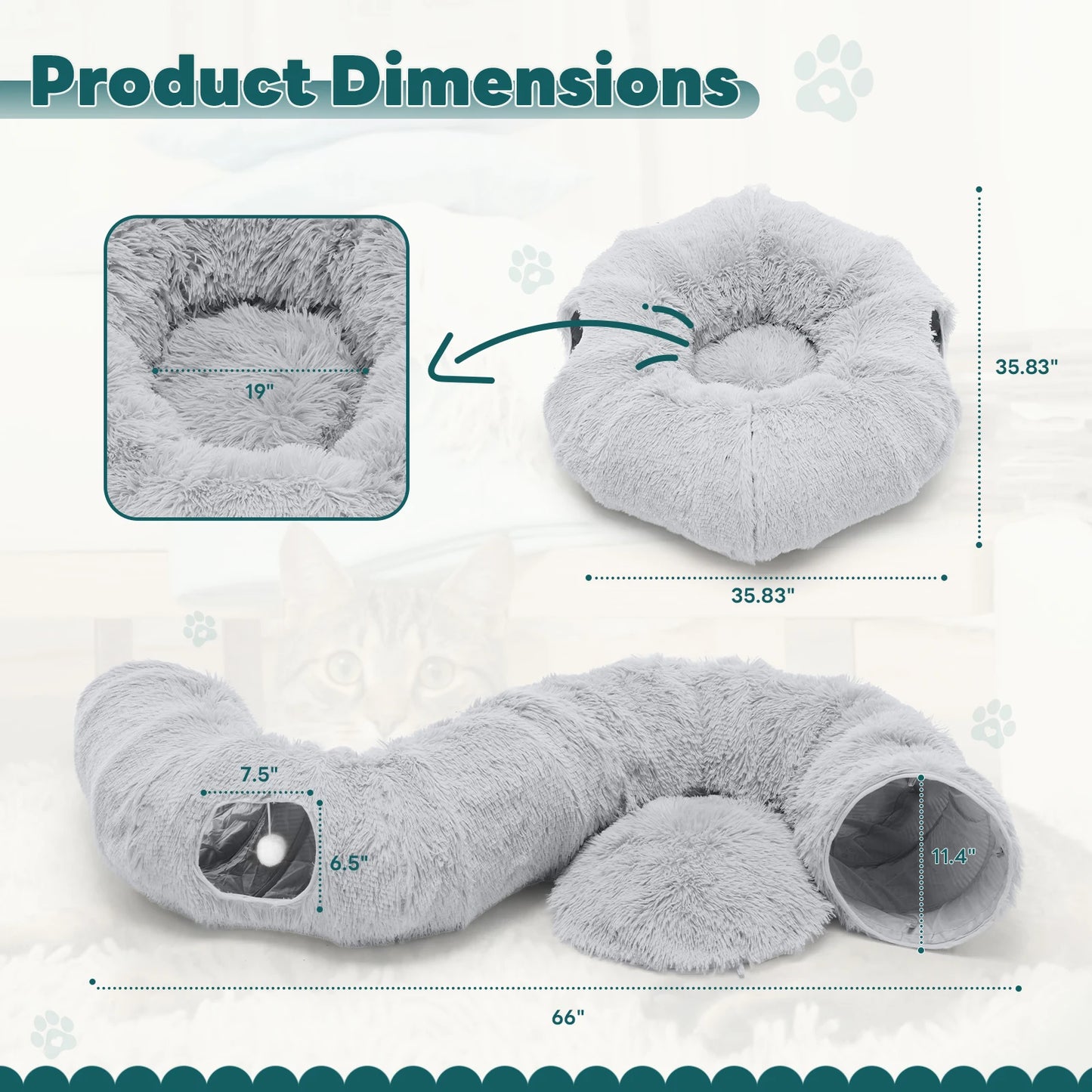 Cat Tunnel Bed with Soft Plush Washable Multifunctional Playground