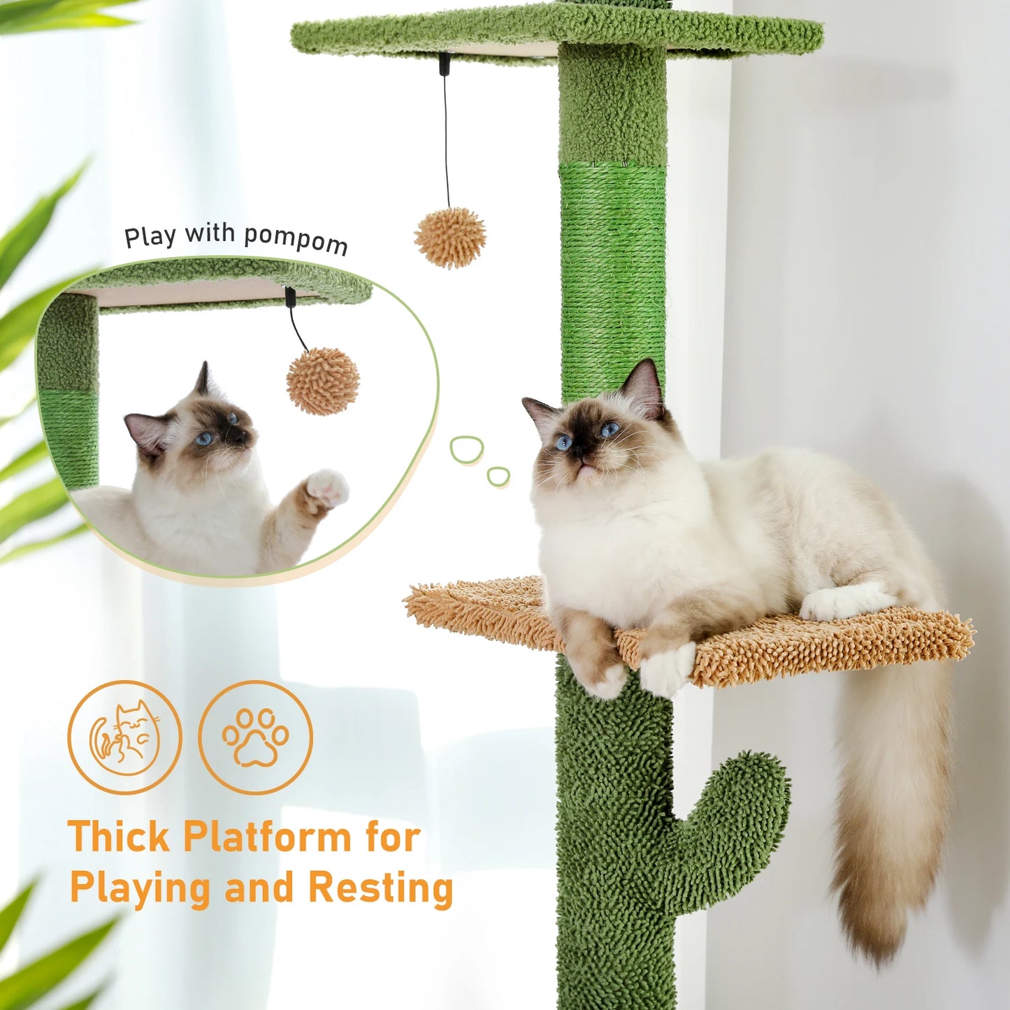 Cactus 5-Tier Floor to Ceiling Cat Tower with Scratching Post, Hammock, Dangling Ball for Indoor Cats