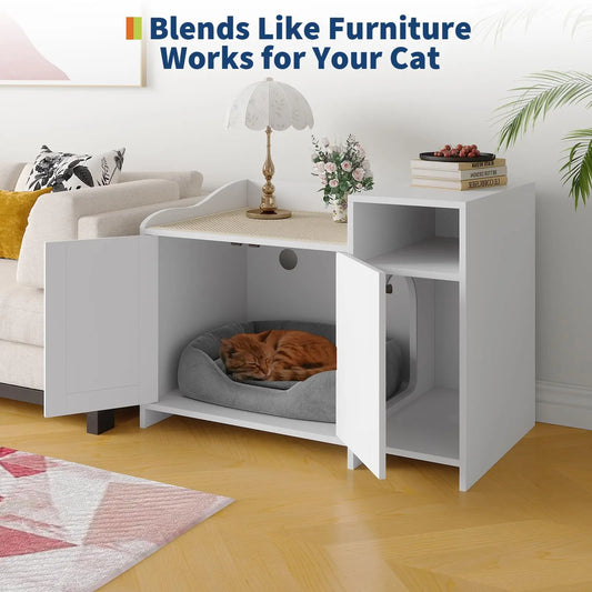Wooden Hidden Cat Litter Box Enclosure With Vent Door & Storage Drawers Space-Saving Cat Furniture