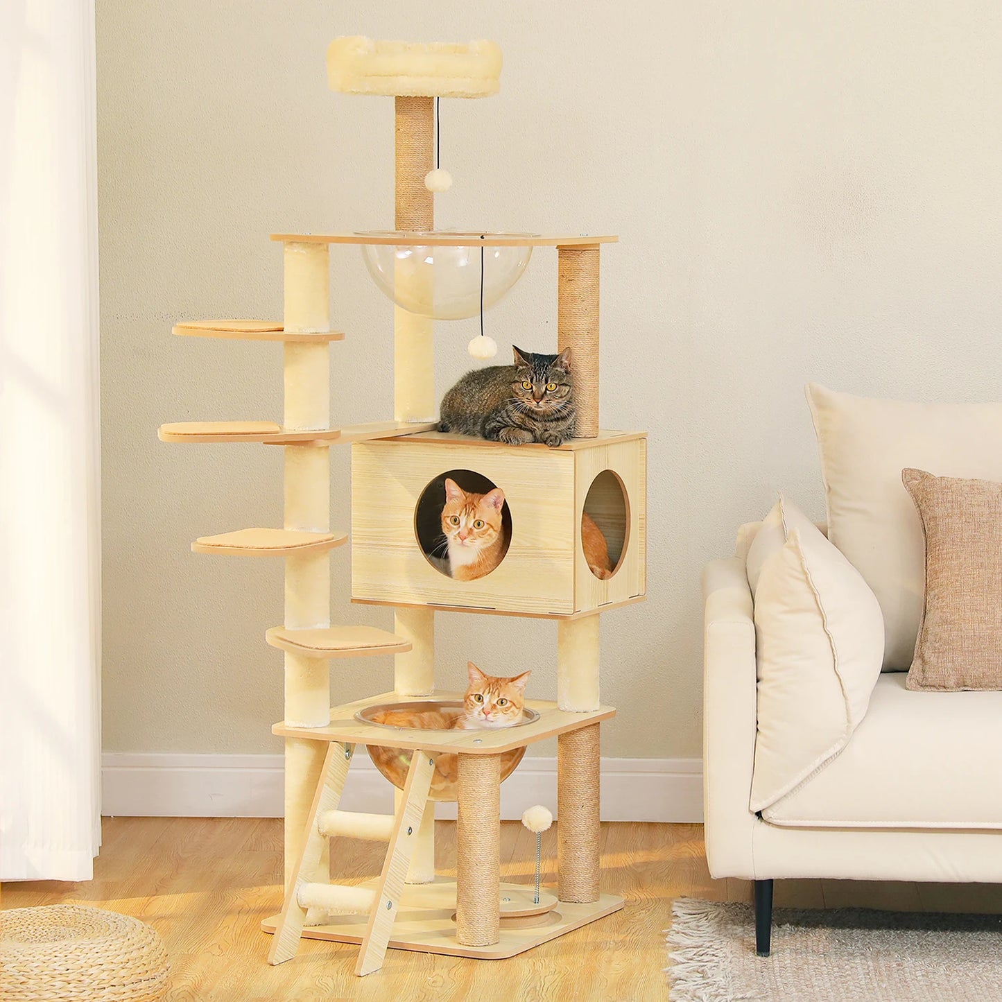Multi-Level Wood Cat Tree with Scratching Posts, Spacious Condo, Hammock, Top Perch, Cat Scratcher
