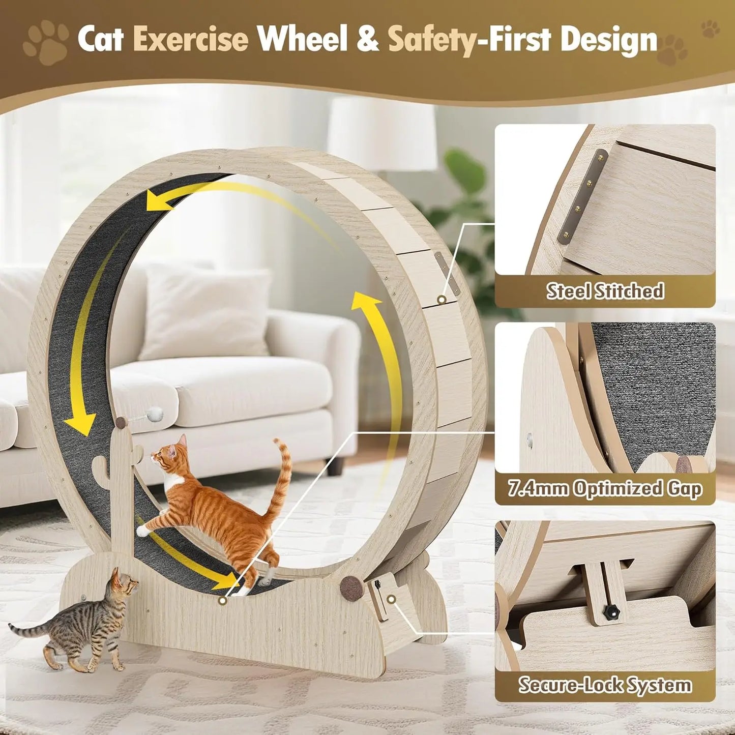 47 Inch Cat Exercise Wheel, Large Treadmill for Indoor Cats with Detachable Carpet