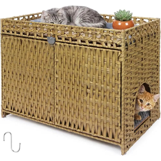 Cat Litter Box Enclosure, Handwoven Rattan Hidden Cabinet with 2 Removable Mats